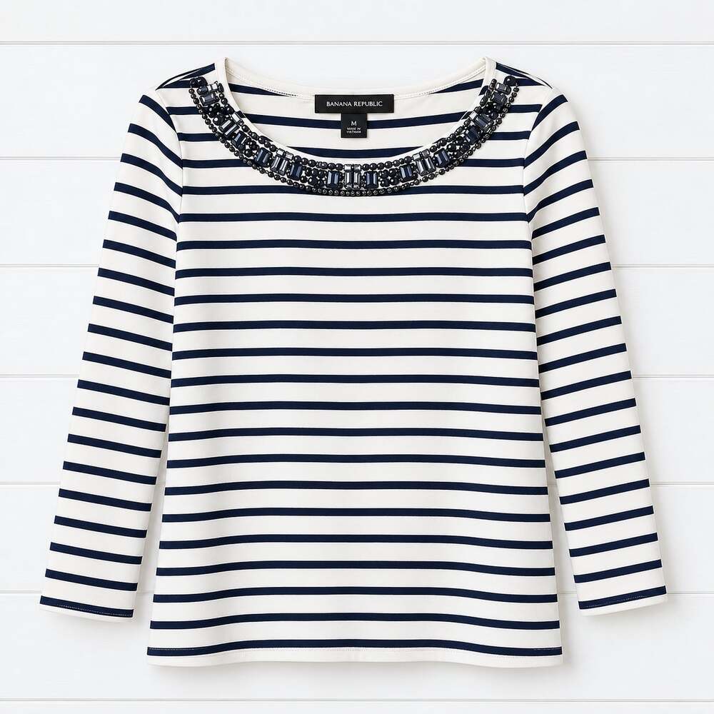 Banana Republic Womens M Striped Boat Neck Top Embellished Navy White Cotton